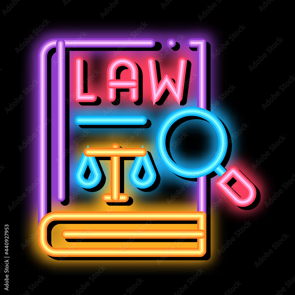 law of justice neon light sign vector. Glowing bright icon law of justice sign. transparent symbol illustration
