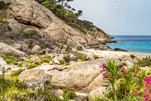 Granite rocks in the Cala Maestra in the isle of Montecristo, in the Tyrrhenian Sea and part of the Tuscan Archipelago.  photo