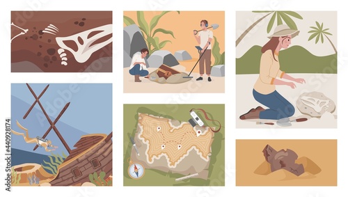 Archeological excavation vector flat illustrations. Excited men and women digging, using metal detector to excavate treasures and fossil fish and dinosaurs skeletons. Scuba diver find sunken ship.