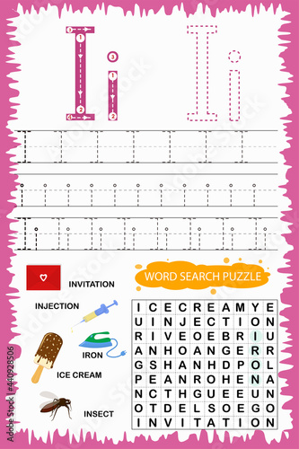 educational worksheet for children learning the English alphabet. Handwriting and crossword puzzle game for memorizing words. Letter I