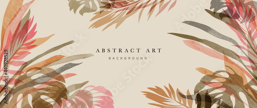 Summer tropical background vector. Palm leaves, monstera leaf, Botanical watercolor background  for wall framed prints, wall art, invitation, canvas prints, poster, home decor, cover, wallpaper.	