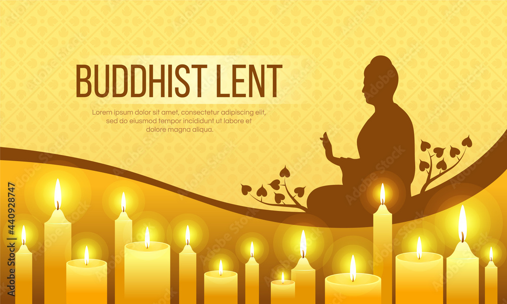 The Buddhist lent day - silhouette buddha sit sign and yellow candles light to pray on yellow texture background vector design - obrazy, fototapety, plakaty 