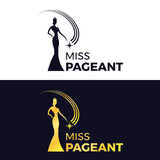 miss pageant logo - black and gold The beauty queen pageant wearing a crown and holding a floating star vector design