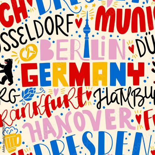 Around the World. GERMANY vector lettering seamless pattern. Country and major cities. Vector illustration (ID: 440928739)