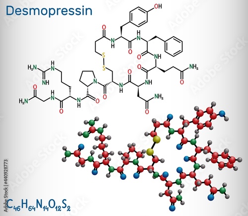 Desmopressin, desmopresina, desmopressinum molecule. It is antidiuretic peptide drug, synthetic analogue of vasopressin. Structural chemical formula and molecule model. Vector illustration photo