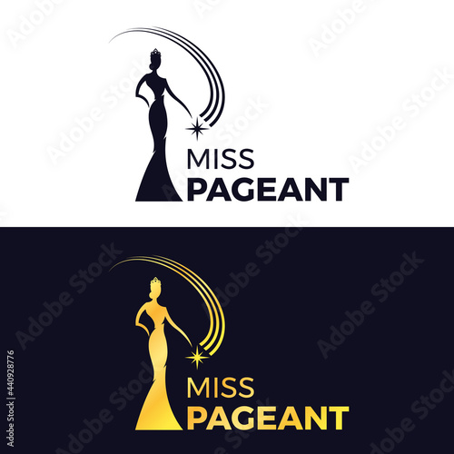 miss pageant logo - black and gold The beauty queen pageant wearing a crown and holding a floating star vector design photo