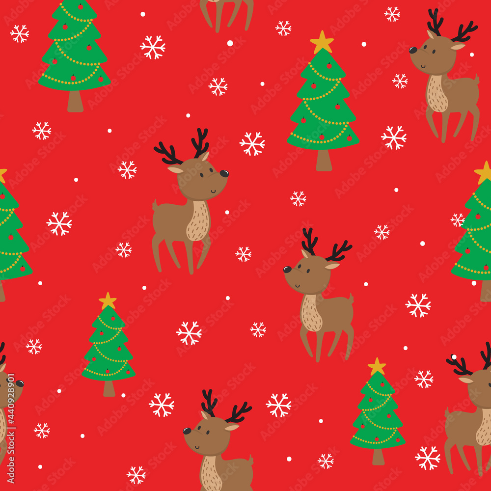 Seamless Reindeer and Christmas tree on red background