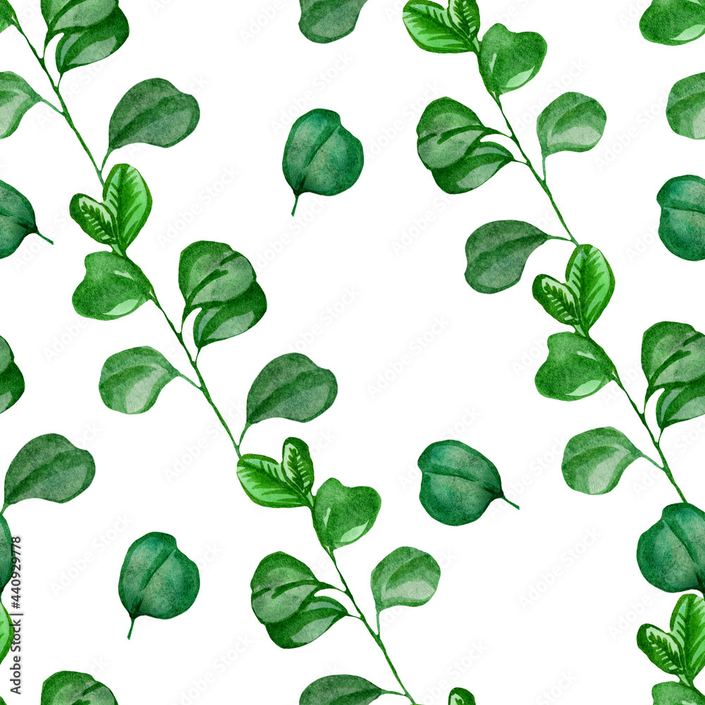 floral pattern, branches with round leaves on a white background floral pattern, branches with round leaves on a white background