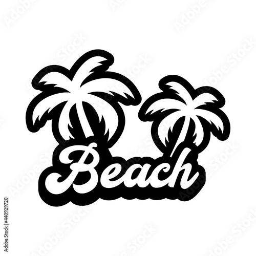 Destino de vacaciones. Logotipo con texto Beach con palmeras con sombra en color negro