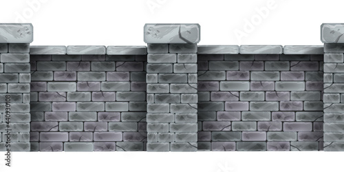 Brick vector fence, stone house wall seamless border, rock gray tiles, column isolated on white. Garden manor barrier illustration, architecture outdoor design element. Old classic brick wall clipart