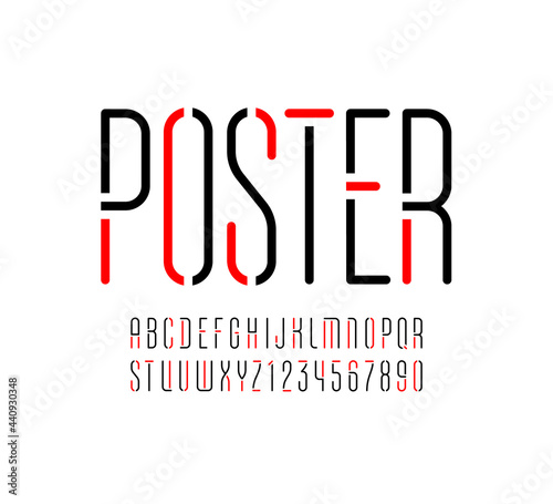 Font from thin line, trendy multi colored alphabet, modern condensed letters and numbers, vector illustration 10EPS