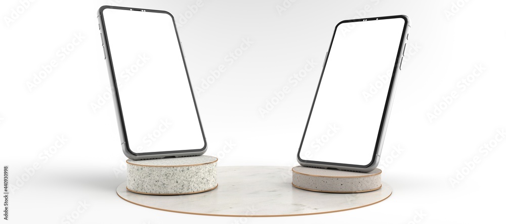 3D rendering of The Smartphones white screen on Round marble Pedestal, Mobile phone mockup tilted to the ground. Pedestal can be used for commercial advertising, Isolated on Minimal white background. 3D rendering of The Smartphones white screen on Round marble Pedestal, Mobile phone mockup tilted to the ground. Pedestal can be used for commercial advertising, Isolated on Minimal white background.
