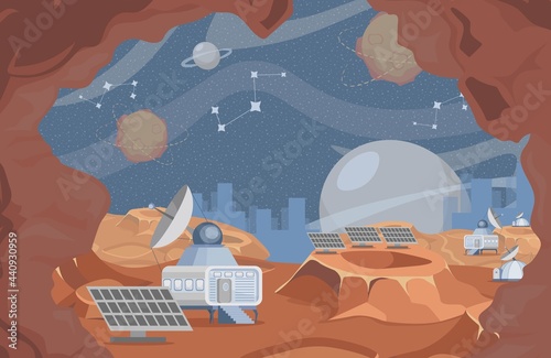 Space exploration vector flat illustration. Rover on planet surface, planet exploring, scientific research with robotic vehicles. Outer space with Saturn, planets, stars, and satellites.