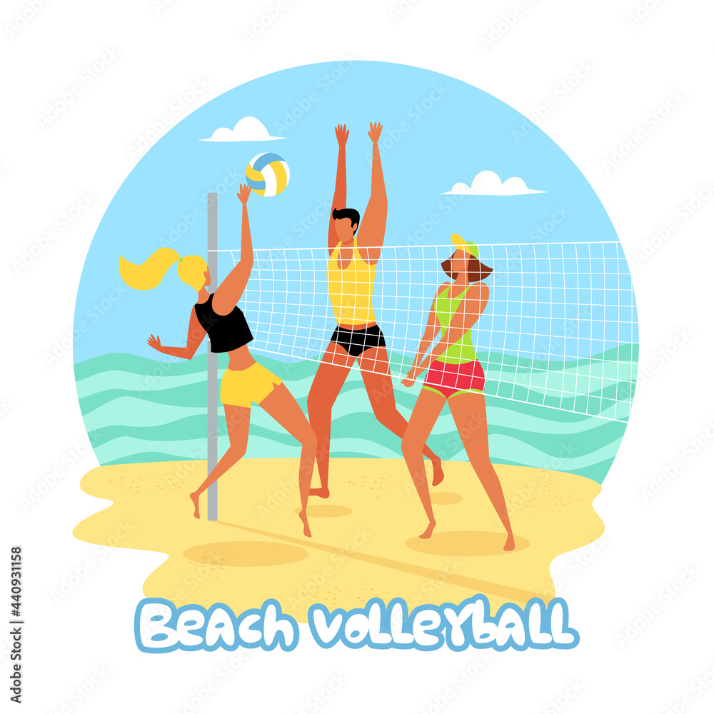 People play volleyball on the beach - the concept of beach volleyball is a popular sport, active games on the beach. Vector flat illustration