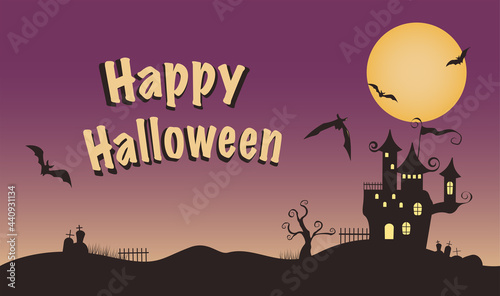 Vector illustration chateau halloween purple colors. invitational, postcard, banner, commercial.