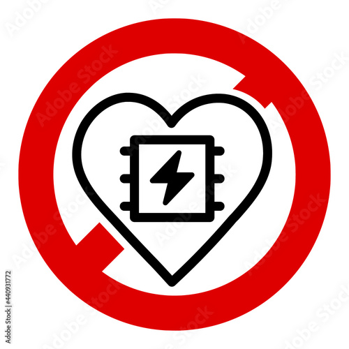 Pacemaker prohibited symbol vector illustration. High quality safety sign icon isolated on white background. Person with pace maker not allowed concept