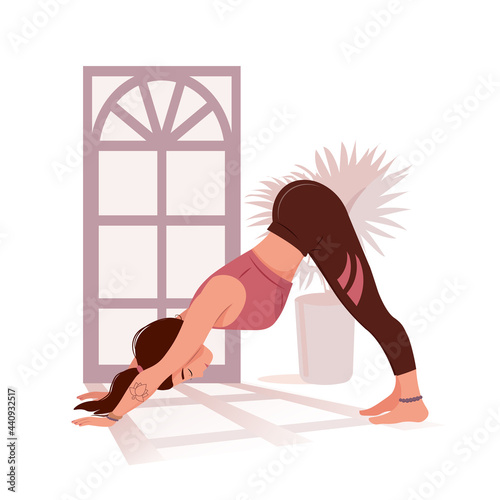 Young happy woman doing yoga class. Cartoon vector illustration isolated on white. Online workout. Body positive. Attractive cute girl stretching. Downward facing dog asana or Adho mukha svanasana.
