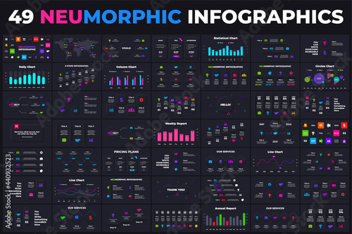 Dark neumorphic infographic templates. Vector business info graphic. Presentation chart, graph. Circle diagram. 3, 4, 5, 6, 7, 8 steps, processes.