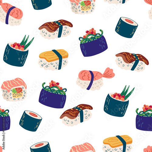 Seamless pattern with sushi and rolls. seafood illustration, philadelphia, maki and nigiri, yummi japanese food with salmon and shrimp. Vector background for sushi bar, cafe and delivery photo