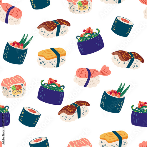 Seamless pattern with sushi and rolls. seafood illustration, philadelphia, maki and nigiri, yummi japanese food with salmon and shrimp. Vector background for sushi bar, cafe and delivery