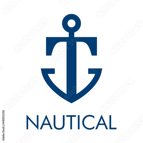 Logotipo con ancla de barco con forma de letra inicial T y texto Nautical en color azul