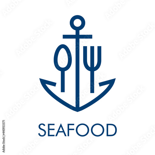 Logotipo con texto Seafood con ancla de barco con cubiertos con lineas de color azul	