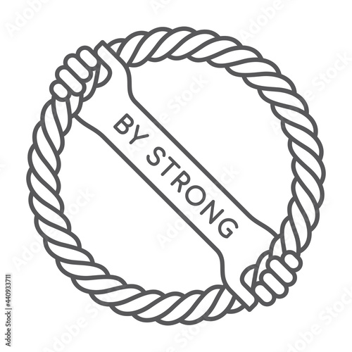 Vector circle rope emblem with two holding hands. Text: By strong. Isolated on white background.