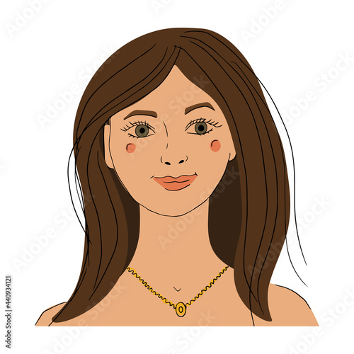 The face of a beautiful smiling girl. A girl with green eyes and dark long hair. Hand drawn vector ilustration