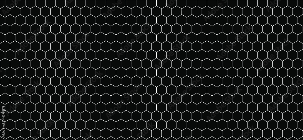 Vector Minimalistic Seamless Hexagon Pattern, Outline Technology Pattern, Dark Background Template, Black and White.
