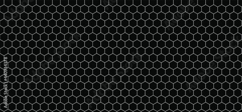 Vector Minimalistic Seamless Hexagon Pattern, Outline Technology Pattern, Dark Background Template, Black and White.
