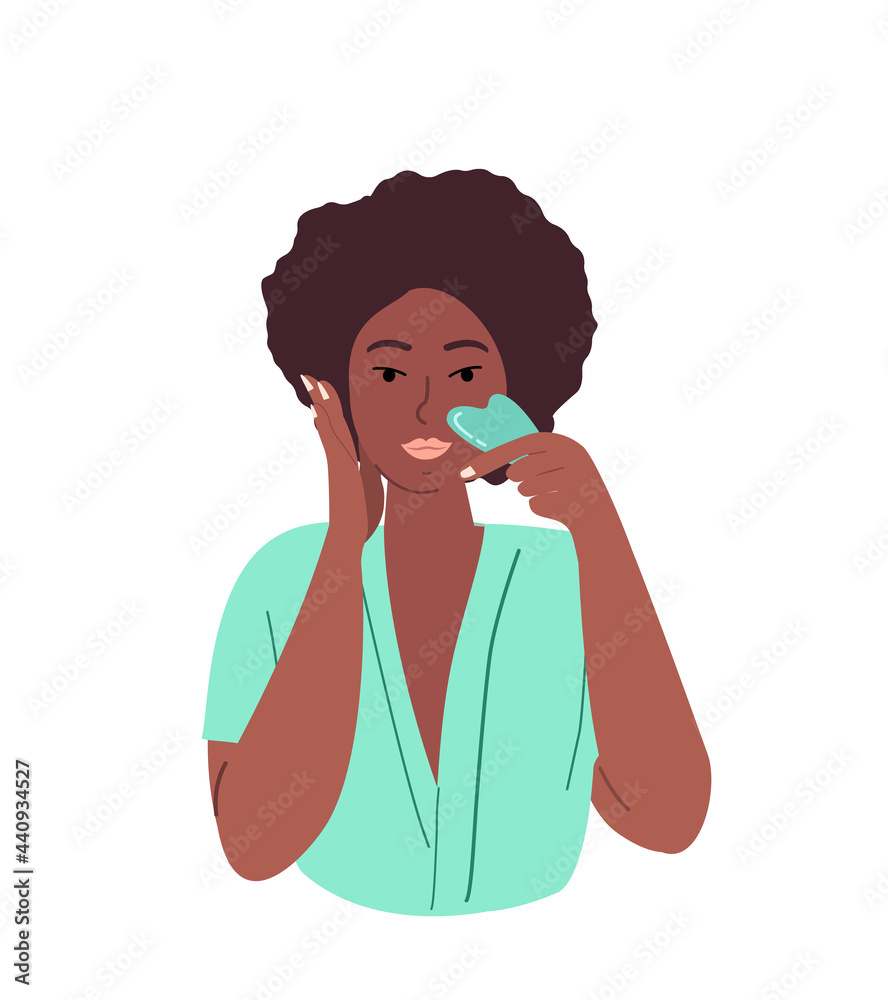 African Dark Skin Woman with jade face gua sha stone scraper.Facial yoga.A girl massaging face.Acupuncture anti-aging traditional chinese medicine self care method.Vector flat illustration on white
