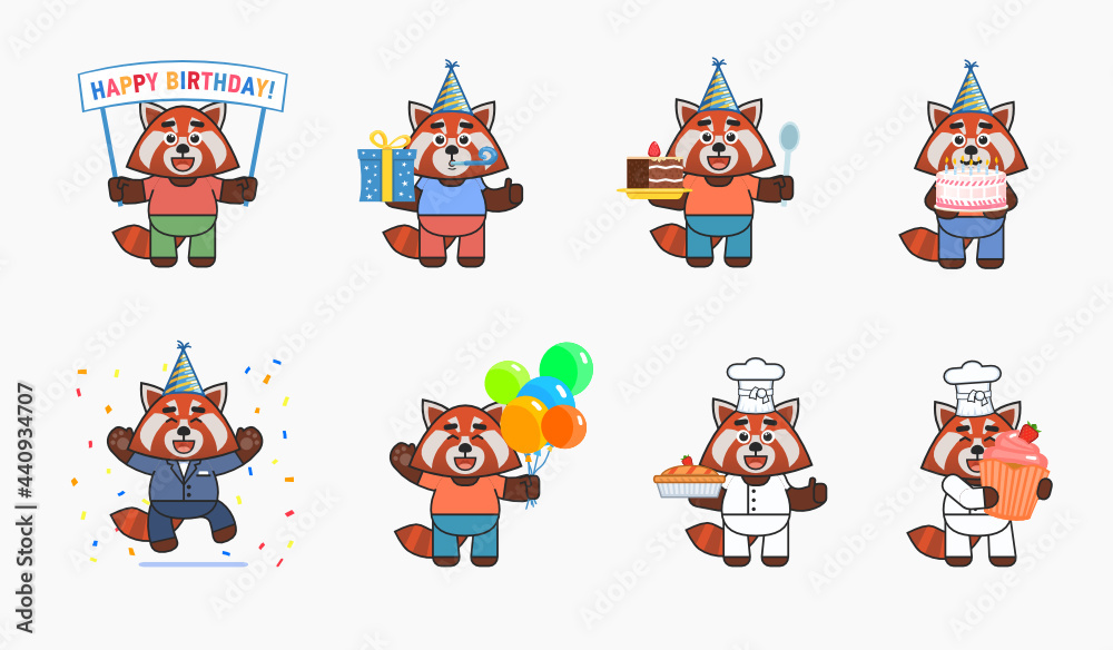 Fototapeta premium Cute red panda characters in birthday party set. Cheerful red panda hold gift box, cake, balloons, banner, cupcake and other situations. Vector illustration bundle