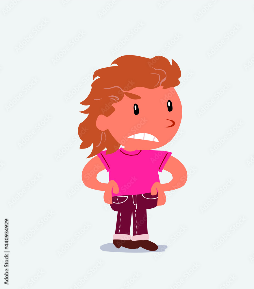 Fototapeta premium Angry cartoon character of little girl on jeans