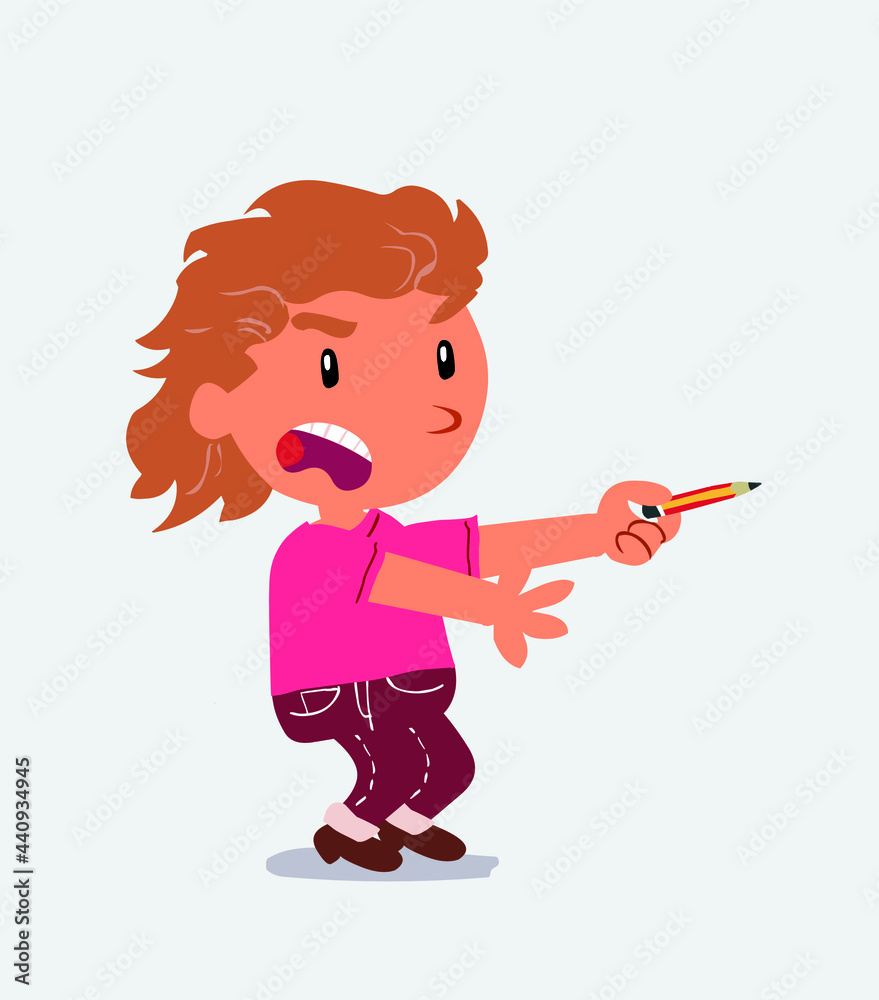 angry cartoon character of little girl on jeans with pencil points to the side. angry cartoon character of little girl on jeans with pencil points to the side.