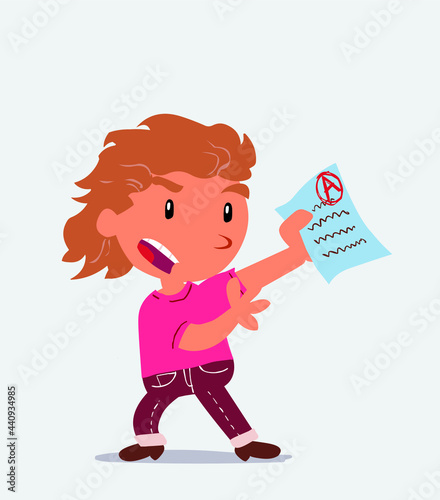 cartoon character of little girl on jeans arguing effusively with exam in hand.