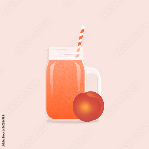 illustration of orange juice in a glass drink jar with a straw for drinks and with nectarine, peach, apricot