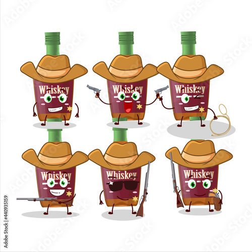 Cool cowboy whiskey bottle cartoon character with a cute hat