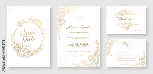 Gold Wedding Invitation, save the date, thank you, rsvp card Design template. Vector. winter flower, Rose, leaves, Wax flower