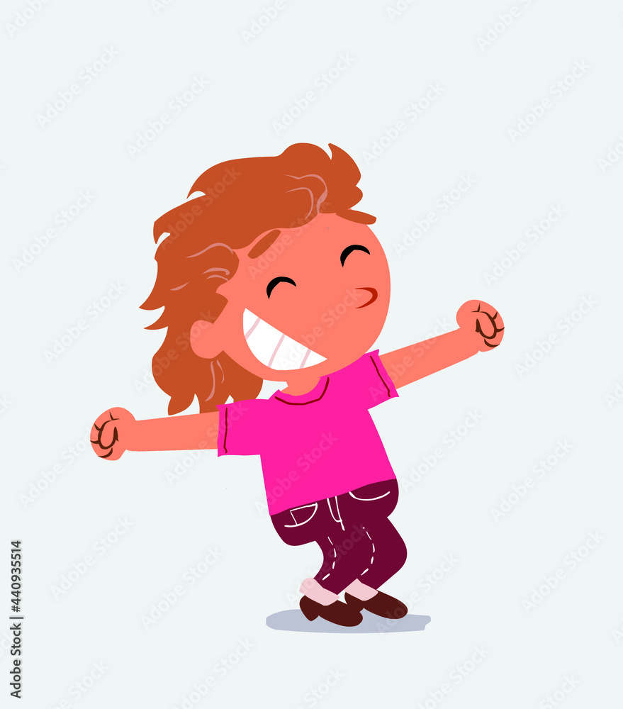 Euphoric little girl on jeans in funny cartoon character