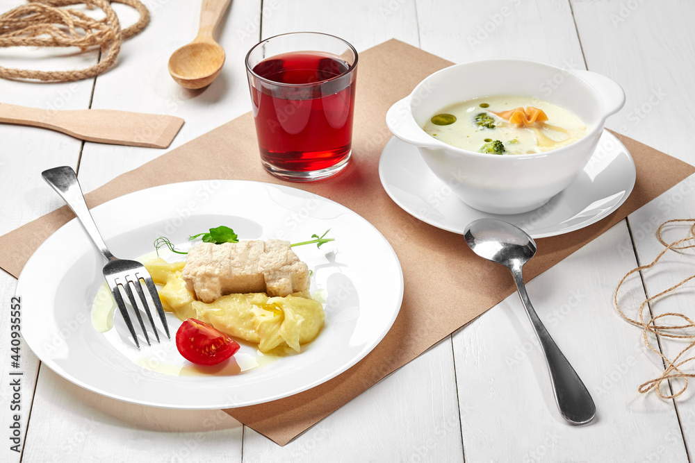 Creamy broccoli soup, mashed potatoes with car shaped chicken patty, berry drink Creamy broccoli soup, mashed potatoes with car shaped chicken patty, berry drink