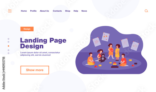 Group of diverse kids playing in kindergarten. Little children with toy pyramid, teddy bear and ball in playroom. For daycare, preschool education, learning games concept