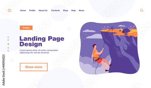 Climber hanging on rope and pulling himself on top of rocky mountain wall. Extreme mountaineer climbing on cliff. For sport, outdoor activity, risk, alpinist concept