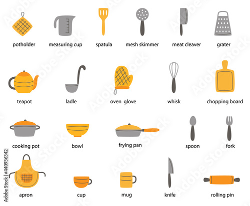 Set of kitchen tools with names. Vector illustrations.