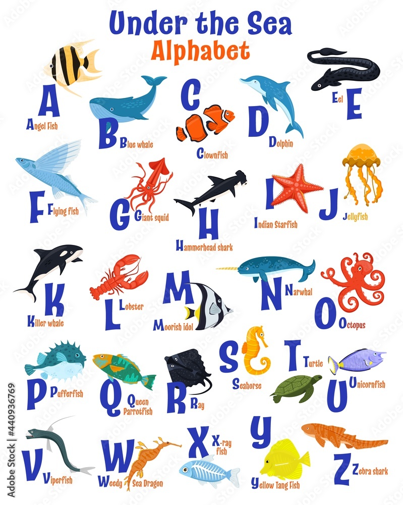 Sea animals alphabet poster. ABC for children. Stock Vector | Adobe Stock