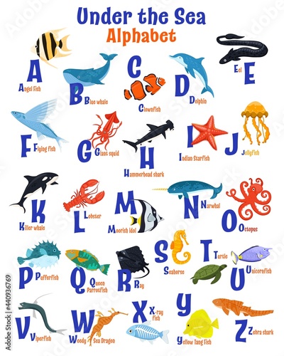 Sea animals alphabet poster. ABC for children.