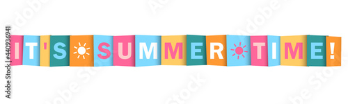 IT'S SUMMER TIIME colorful vector typography banner with sun symbol on white background