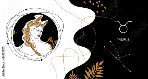 Zodiac background. Taurus constellation. The element of water. Horizontal banner.