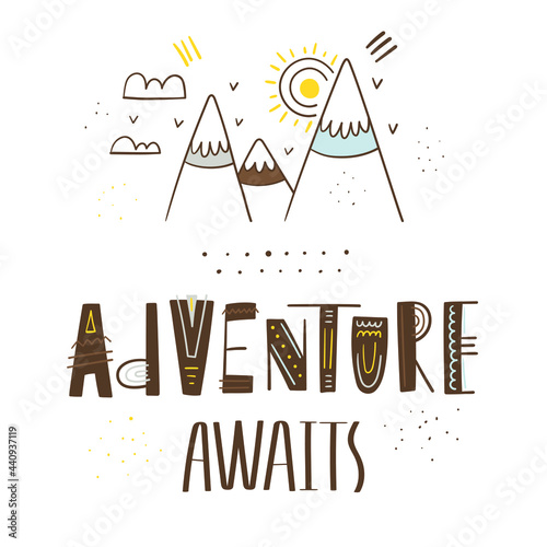 Tablou pe pânză Adventure awaits hand drawn lettering, mountain with support elements - Vector i