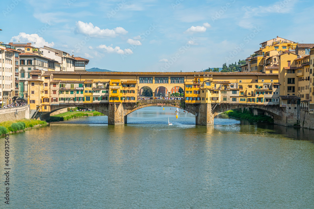 Florence, Italy 2nd June 2021 - the Ponte Vecchio. the picturesque medieval arched river bridge with Roman origins, lined with jewelry & souvenir shops.
