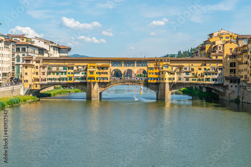 Florence, Italy 2nd June 2021 - the Ponte Vecchio. the picturesque medieval arched river bridge with Roman origins, lined with jewelry & souvenir shops.